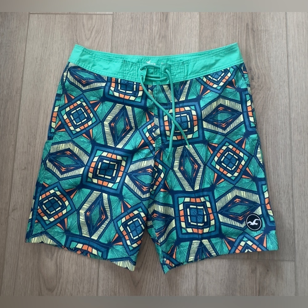 Hollister Green and Blue Geometric Board Shorts